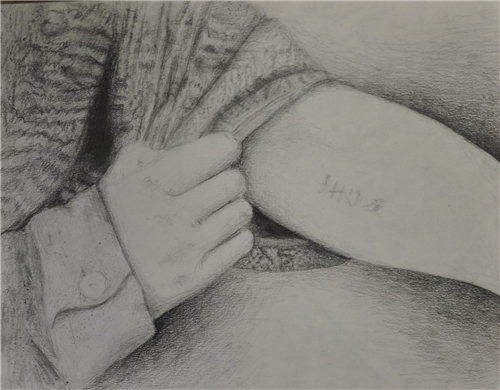This piece shows a survivor of a Holocaust concentration camp pulling back their sleeve to show the faded tattoo still imprin